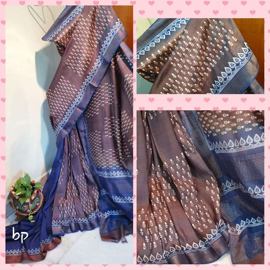 Beige Blue Block Printed Zari Border Pure Silk Mark Certified Tussar Silk Sarees