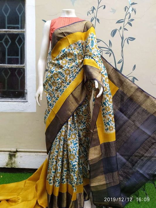 Beige Block Printed Zari Border Pure Silk Mark Certified Tussar Silk Sarees