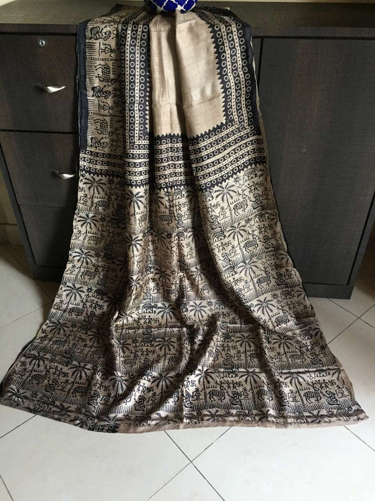 Beige Black Tribal Block Printed Pure Silk Mark Certified Bishnupuri Silk Sarees