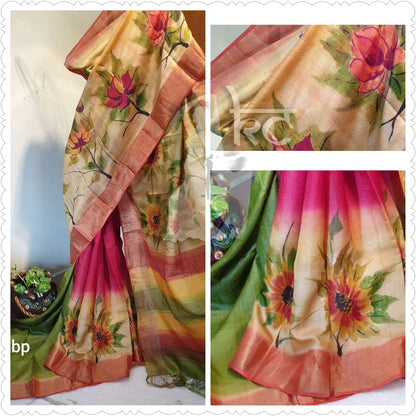 Beige Hand Painted Zari Border Pure Silk Mark Certified Tussar Silk Sarees