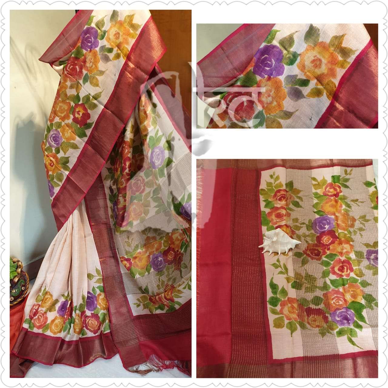 Beige Hand Painted Zari Border Pure Silk Mark Certified Tussar Silk Sarees