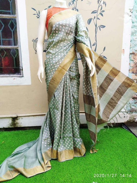 Beige Block Printed Zari Border Pure Silk Mark Certified Tussar Silk Sarees