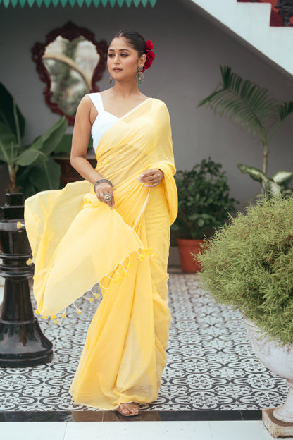 Pure Yellow Mulmul Cotton Saree