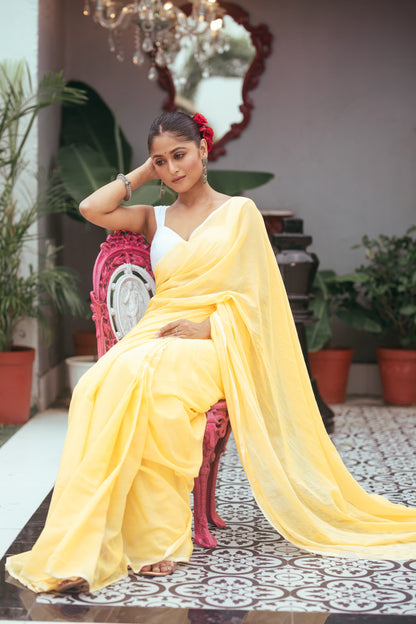 Pure Yellow Mulmul Cotton Saree