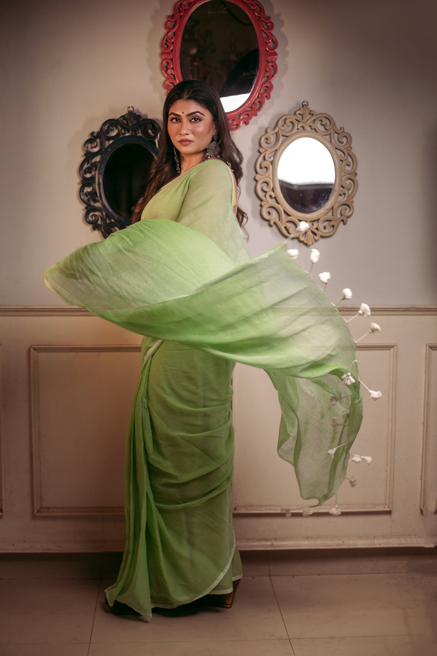 Pure Green Mulmul Cotton Saree