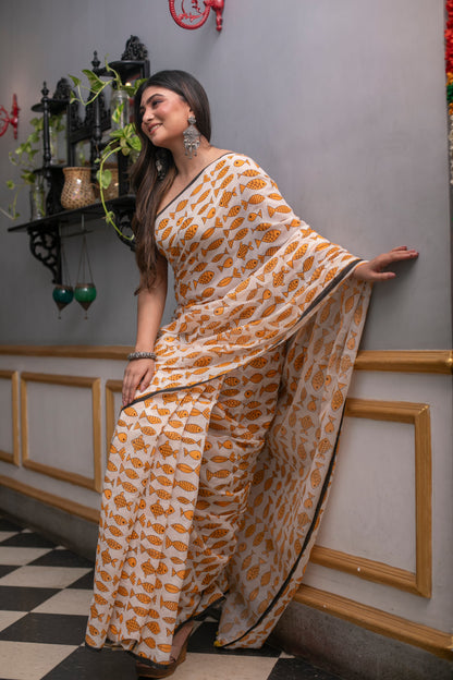 Pure Mulmul Cotton Fish Printed Saree