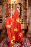 Pure Red Mulmul Cotton Floral Hand Painted Saree Without Blouse