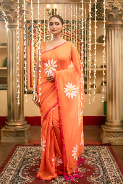 Orange Pure Mul Cotton With Running Blouse Hand Painted Sarees