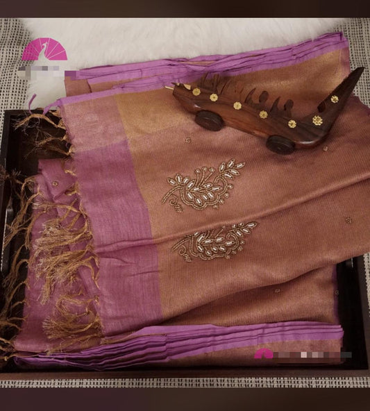 Purple Pure Handloom Tissue Linen Fully Embroidered Moti Work saree with bp