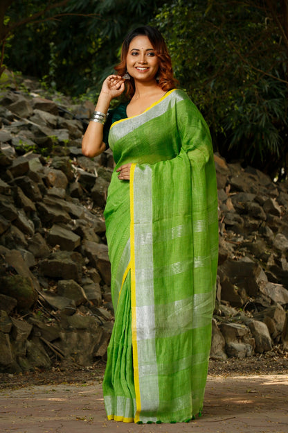 Parrot Green Pure Linen Sarees