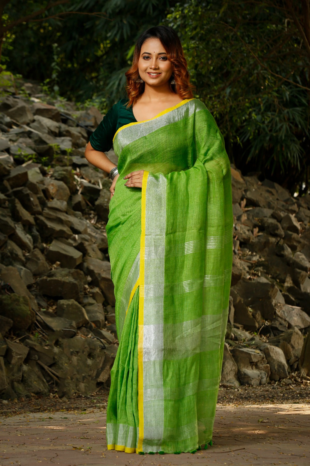 Parrot Green Pure Linen Sarees