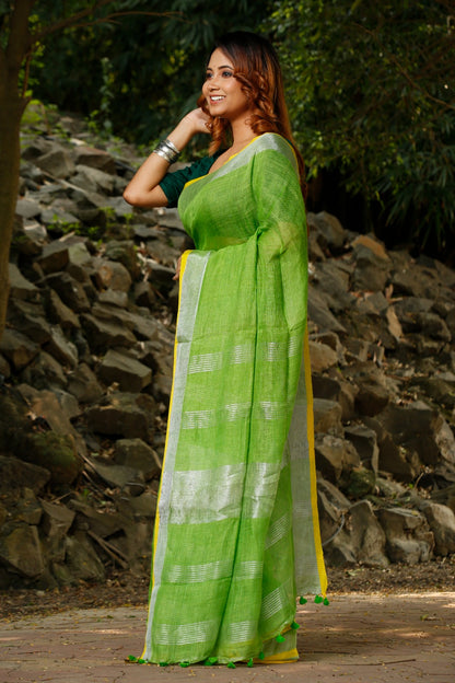 Parrot Green Pure Linen Sarees