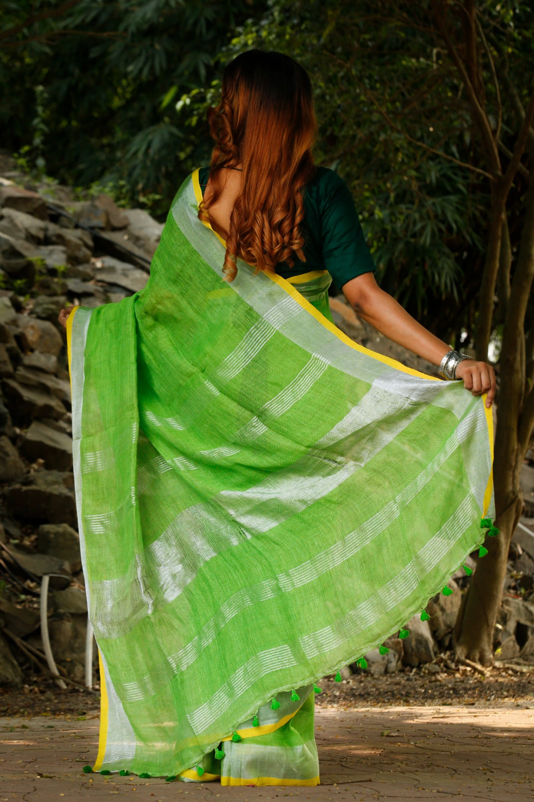 Parrot Green Pure Linen Sarees