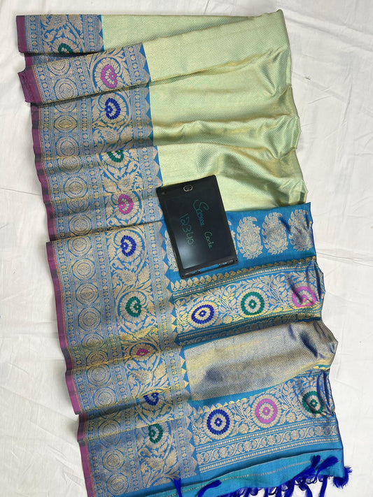 Cream & Grey Gadwal Pure Silk Handloom Meena Brocade Sarees With All Over Butta