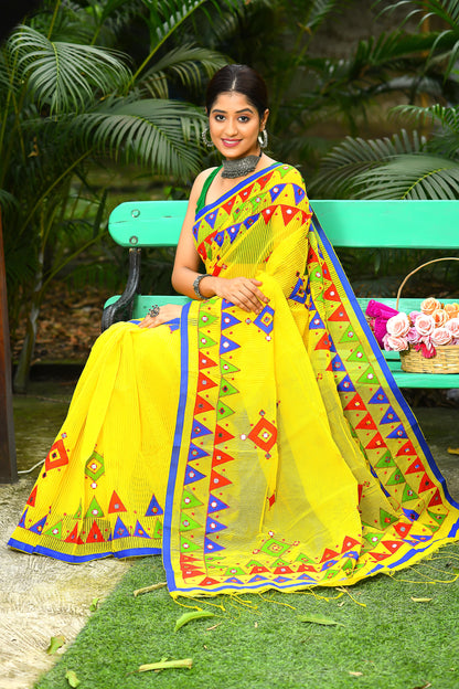 Chartreuse Yellow Mirror Work Handloom Sarees