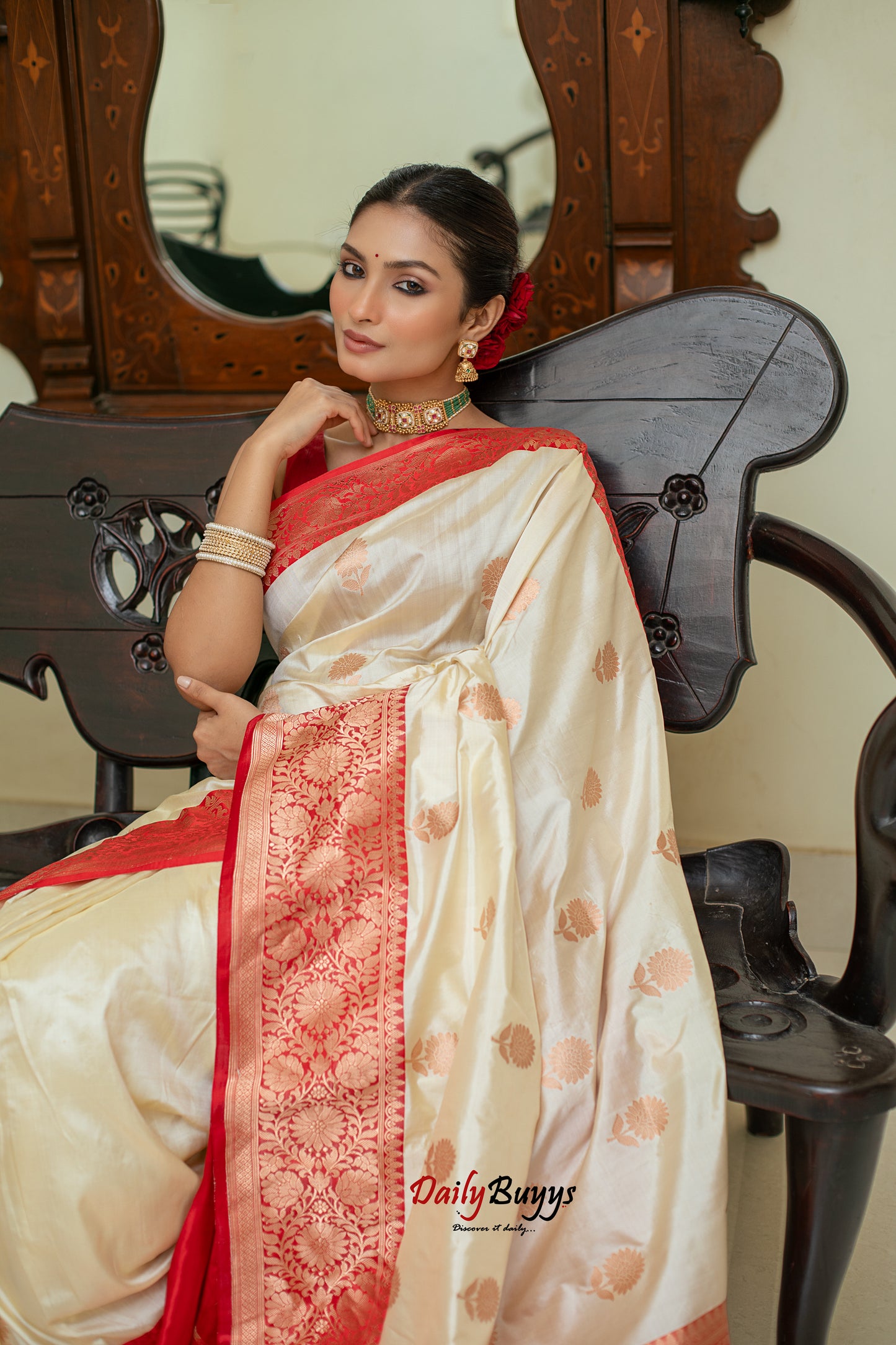 Red White Festive Special Zari Work Banarasi Silk Sarees