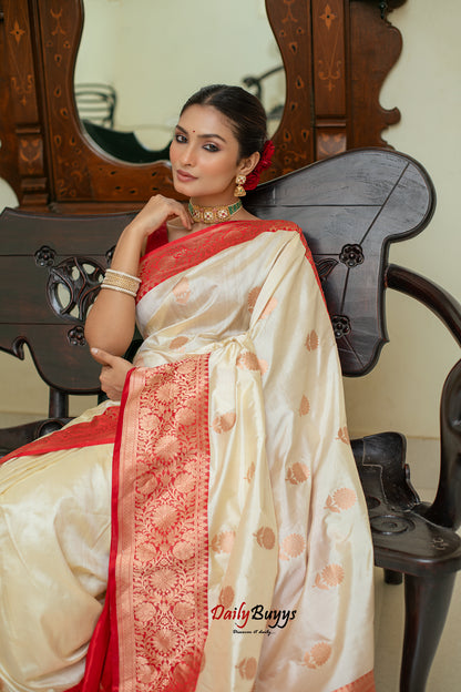 Red White Festive Special Zari Work Banarasi Silk Sarees