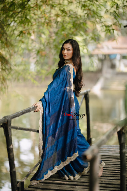 Blue Hand Embroidered Scalloped Boarder Work Pure Tussar Silk Saree