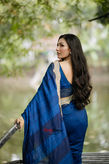 Blue Hand Embroidered Scalloped Boarder Work Pure Tussar Silk Saree