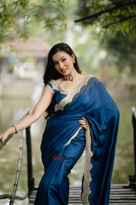 Blue Hand Embroidered Scalloped Boarder Work Pure Tussar Silk Saree