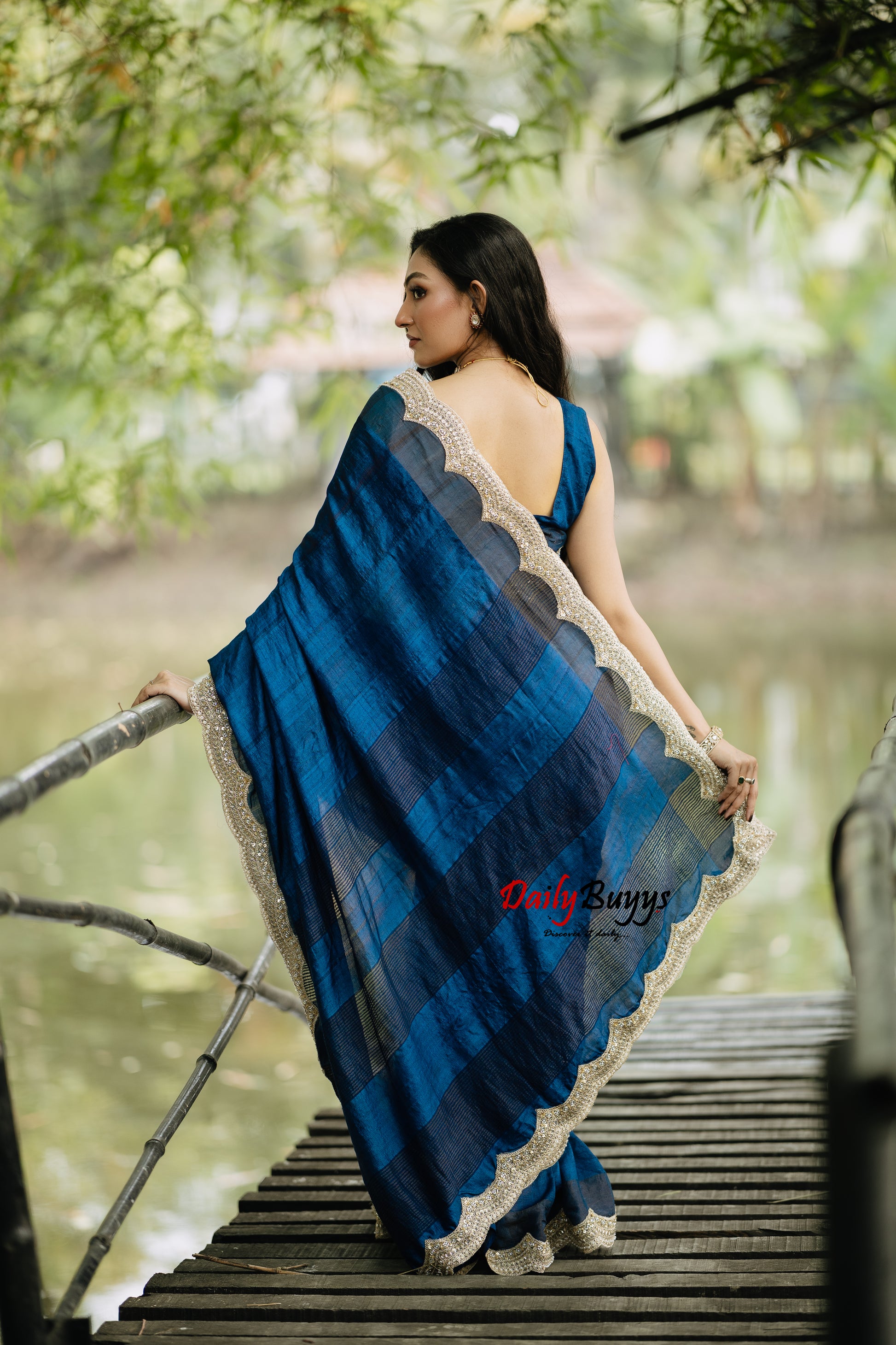 Blue Hand Embroidered Scalloped Boarder Work Pure Tussar Silk Saree