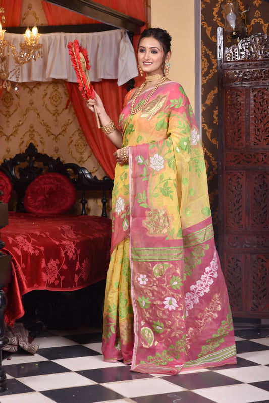 Designer Yellow & Pink Jamdani Saree