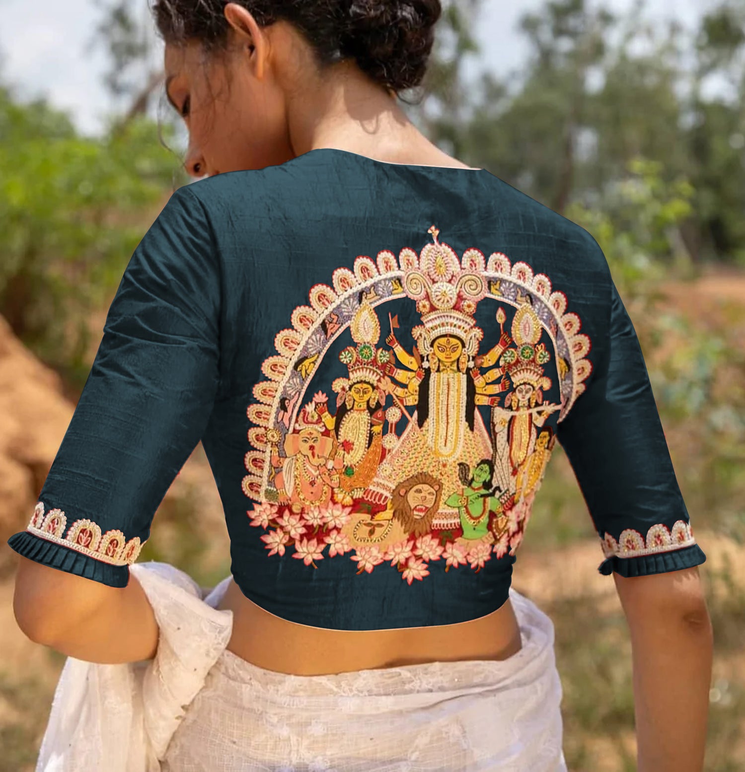 Bengali Wedding Mukut Motif Embroidered Boat Neck Blouses - Dailybuyys