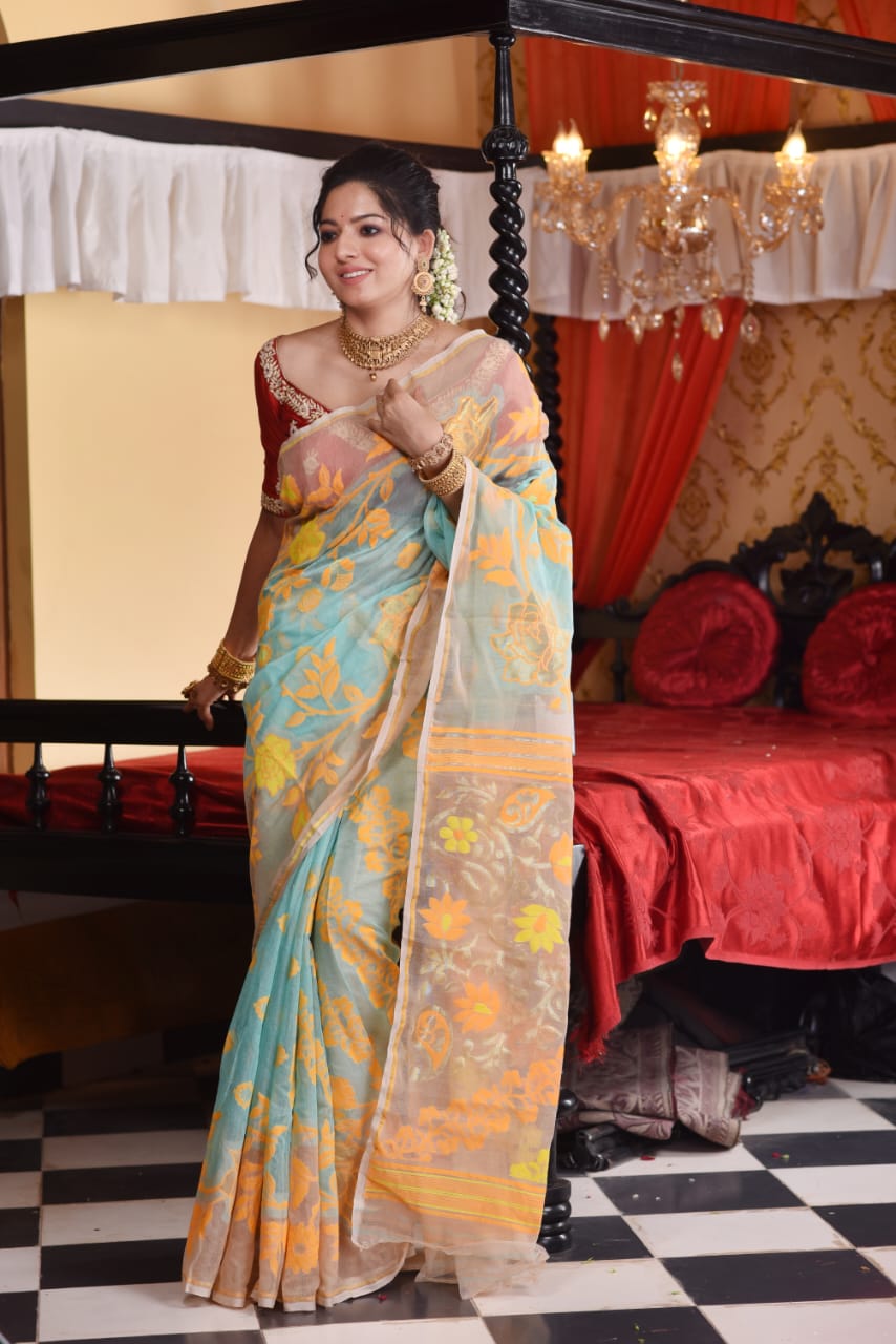 Designer Sky & Yellow Jamdani Saree