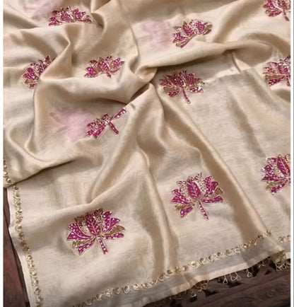 Pure Silk lotus motif Hand Painted & Hand Embroidered Saree Set