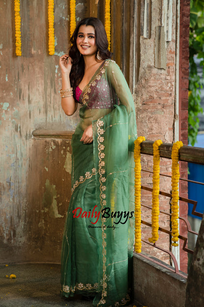 Designer Work Green Organza Sarees - Dailybuyys