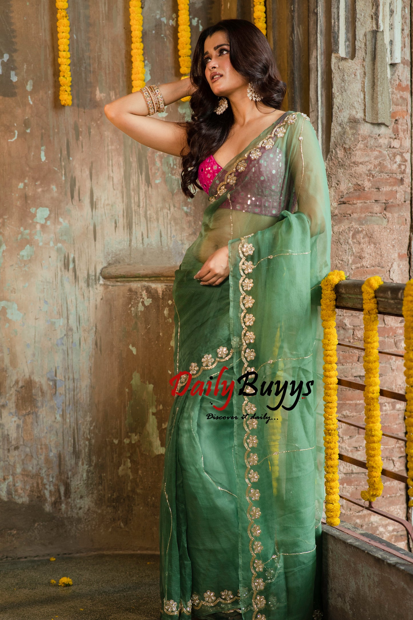 Designer Work Green Organza Sarees - Dailybuyys