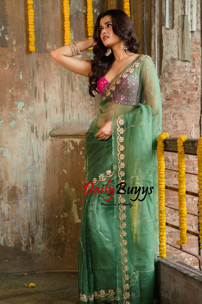 Designer Work Green Organza Sarees - Dailybuyys