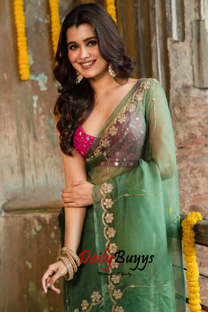 Designer Work Green Organza Sarees - Dailybuyys