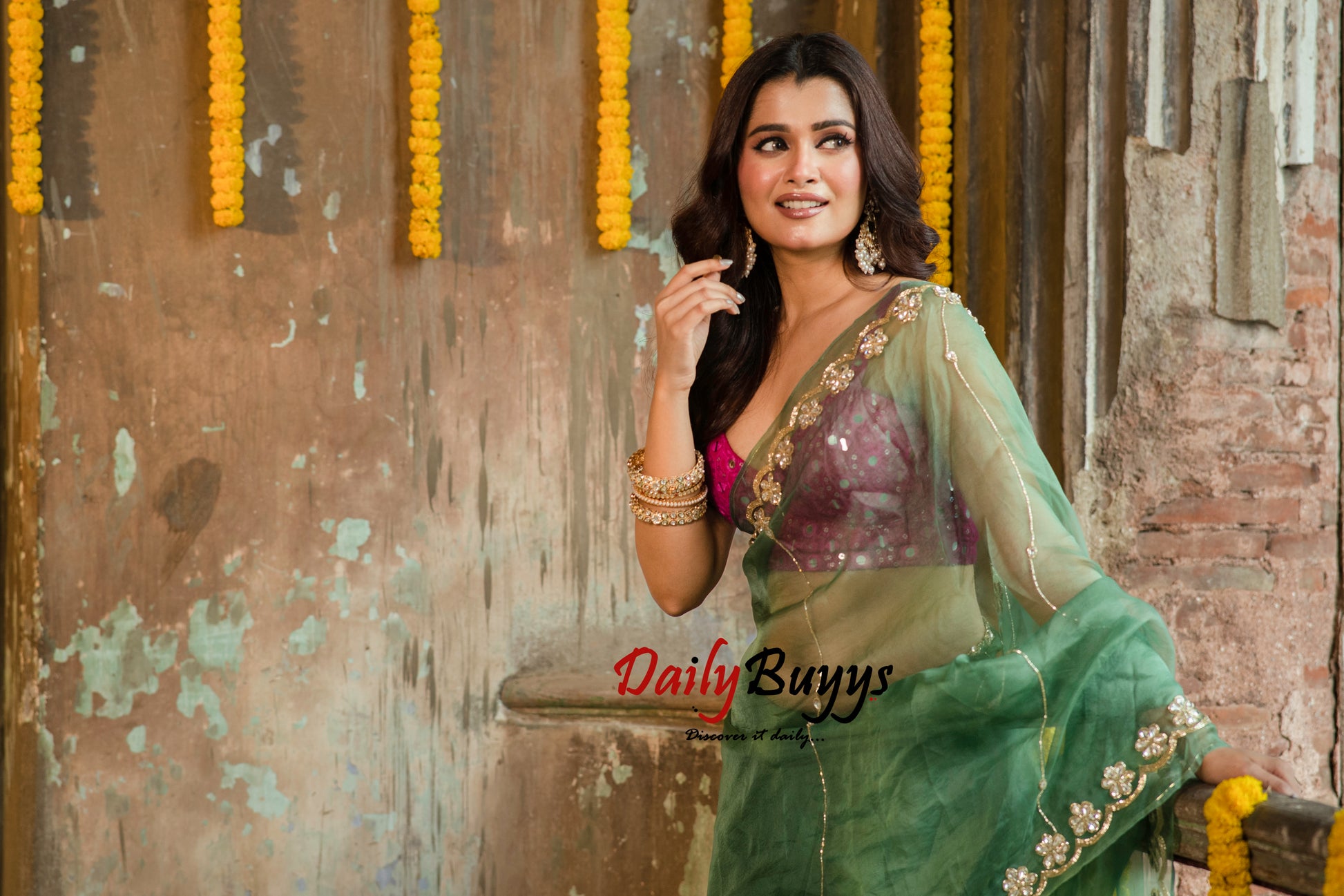 Designer Work Green Organza Sarees - Dailybuyys