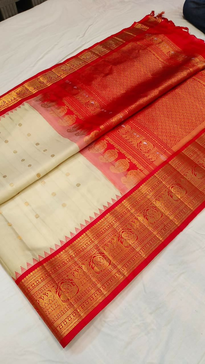 Gadwal pure silk sarees with kuttu kanchi borders and handwoven meenakari turning buta in border *Rs.24500*+ ship