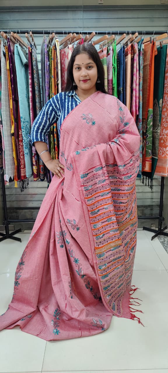 Peach Pure Cotton Khesh Sarees - Dailybuyys