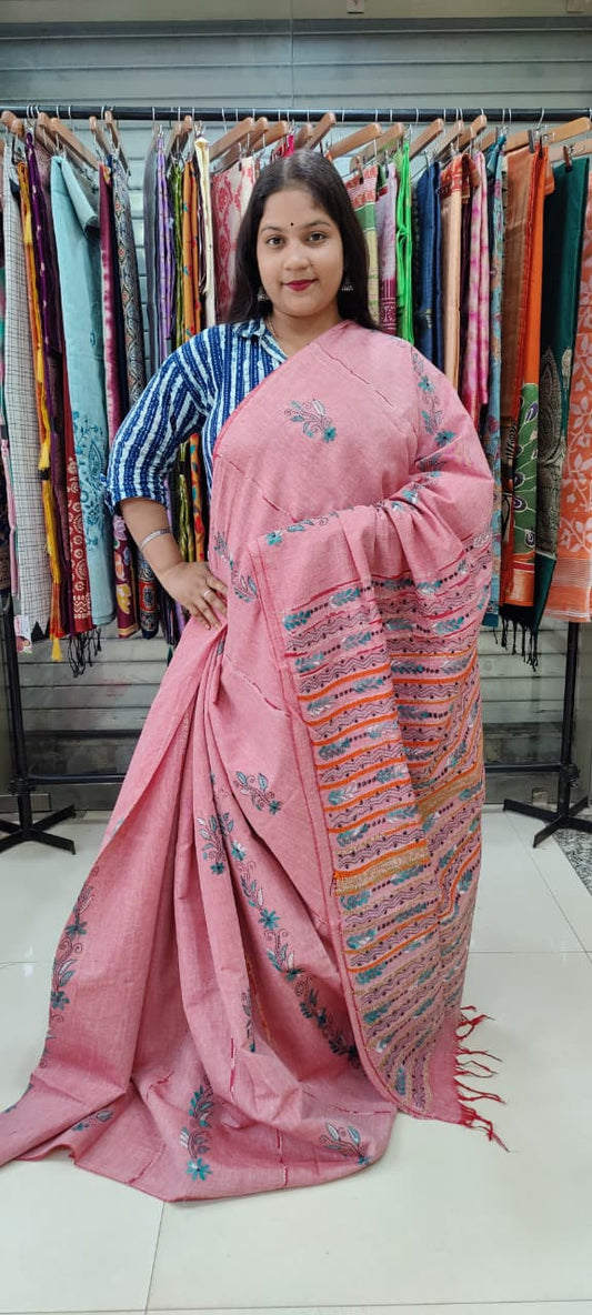 Peach Pure Cotton Khesh Sarees - Dailybuyys