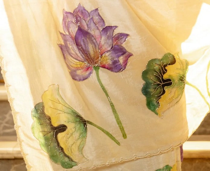 Pure Silk Purple Lotus Hand Painted and Hand Embroidered Sarees