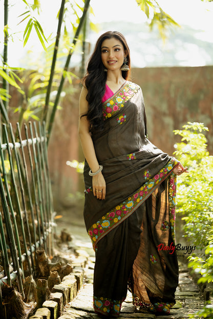 Deep Coffee Floral Pure Parsi Gara Embroidery Pure Silk Mark Certified Tussar Silk Sarees