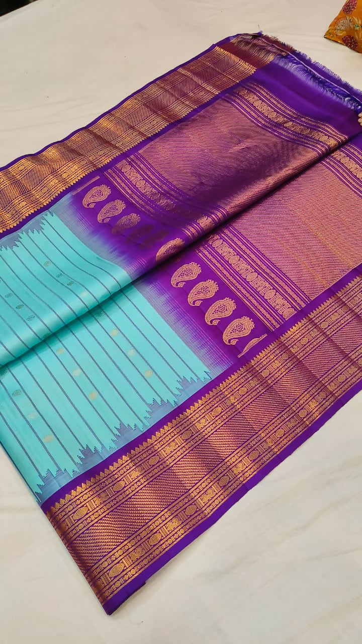 Gadwal pure silk sarees with kuttu kanchi borders and handwoven meenakari turning buta in border *Rs.24500*+ ship