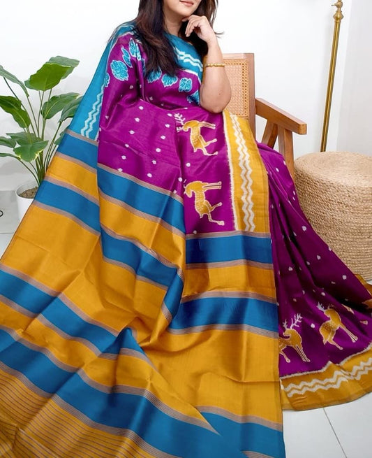 Purple Pink Pure Hand Painted Bishnupuri Katan Silk Sarees