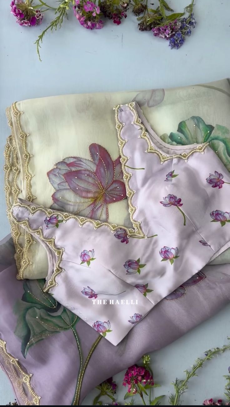 Pure silk Purple Lotus hand painted and Hand Embroidered saree set