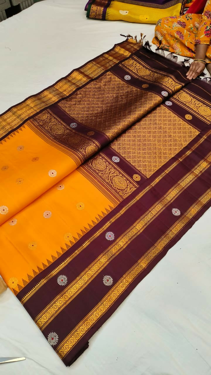 Gadwal pure silk sarees with kuttu kanchi borders and handwoven meenakari turning buta in border *Rs.24500*+ ship