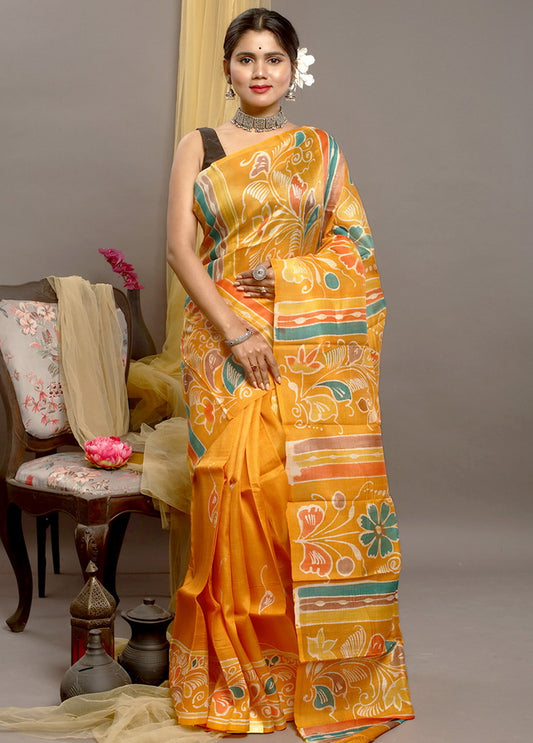 Hand Painted Yellow Color Pure Silk Mark Certified Bishnupuri Silk Sarees