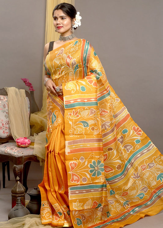 Hand Painted Yellow Color Pure Silk Mark Certified Bishnupuri Silk Sarees - Dailybuyys