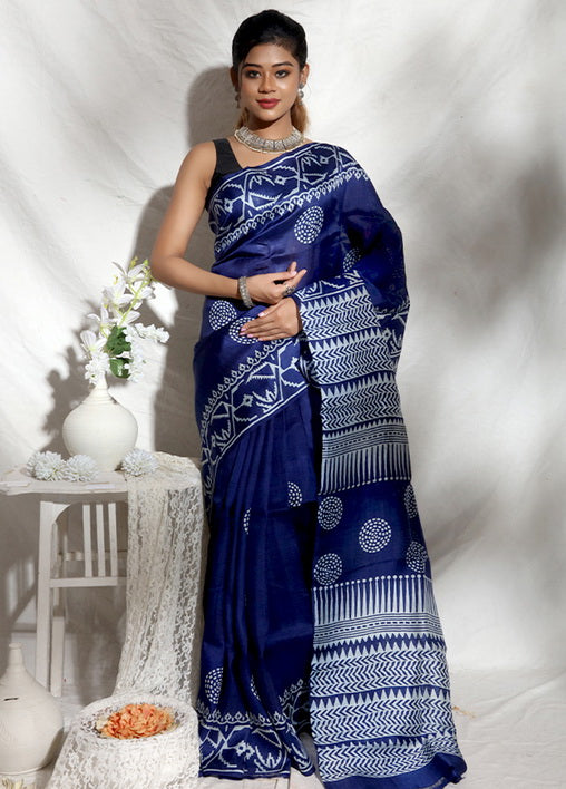 Blue Block Print Silk Mark Certified Bishnupuri Silk Sarees