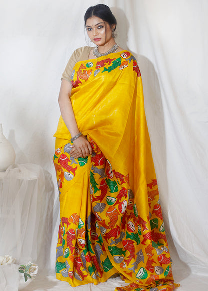 Hand Painted Yellow Color Pure Silk Mark Certified Bishnupuri Silk Sarees