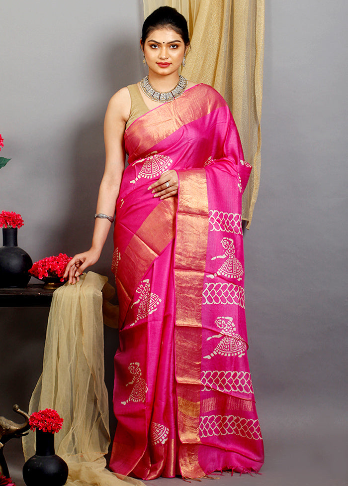 Rine Pink Block Hand Painted Zari Border Pure Silk Mark Certified Tussar Silk Sarees - Dailybuyys