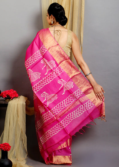 Rine Pink Block Print Zari Border Pure Silk Mark Certified Tussar Silk Sarees