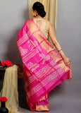 Rine Pink Block Print Zari Border Pure Silk Mark Certified Tussar Silk Sarees
